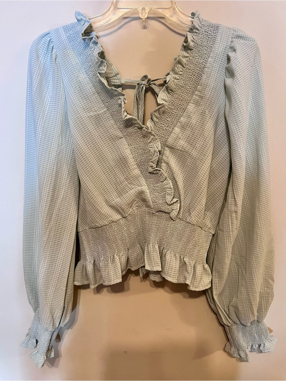 Blu Pepper Ruffled V-Neck Smocked Crop Blouse - Light Sage Green Size M